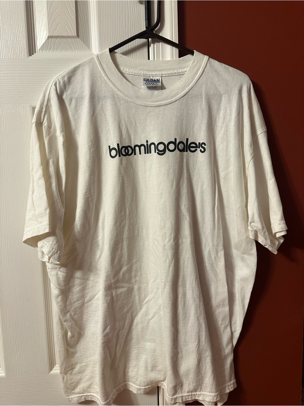 Gildan Men's White Tee with Black Bloomingdale's Logo